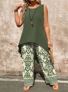 EMERY ROSE Set da 2 pezzi con taglie comode: top smanicato con stampa paisley e pantaloni a zampa larga