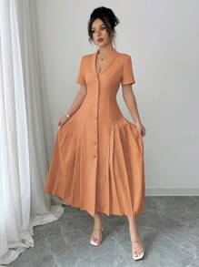Elenzga Đầm Maxi trang trọng tay ngắn xếp ly kiểu Pháp thanh lịch, giản dị, công sở, màu trơn, cổ bẻ cài nút, eo cao cho nữ mùa xuân/hè - Màu Cam san hô - Xem 7