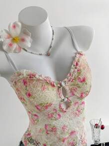 Nevyona 女士时尚性感蕾丝刺绣玫瑰装饰吊带背心 - 彩色 - 查看 4