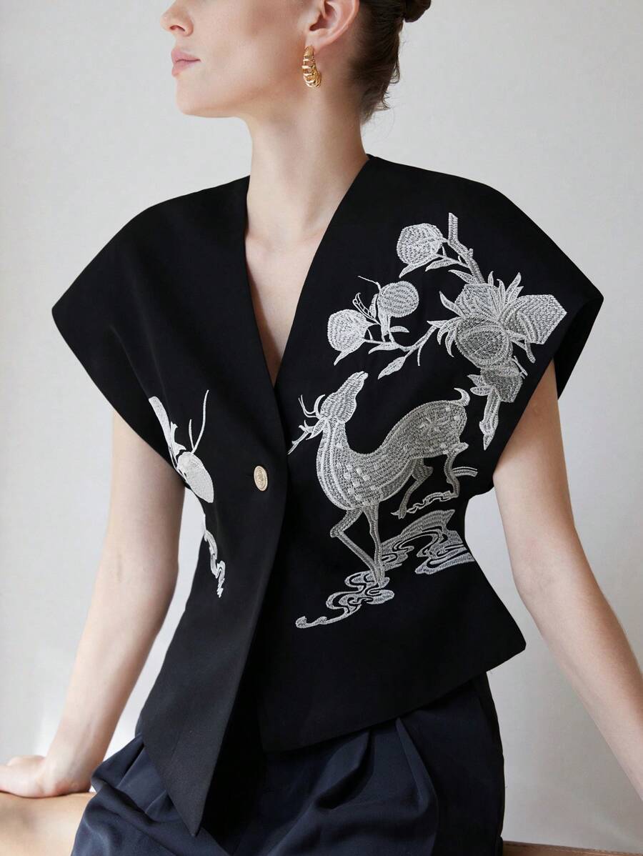 Aveloria Modichic Women Top With Fashionable Design, Embroidery Detail, Waist-Cinching, Asymmetric Hemline - Black - View 1