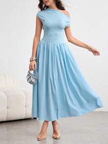 Modelyn Women's Elegant Soft Charm Light Blue Long Dress With Asymmetrical Shoulder Ruffled Hem - Mint Blue - View 4