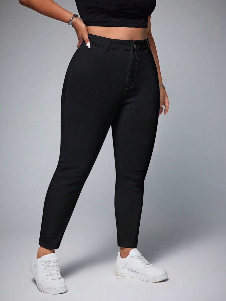 SHEIN ICON Quần Jeans Skinny Fit Màu Trơn Đa Năng Cỡ Lớn - màu đen - Xem 1