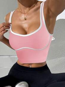 Easithlete Áo croptop thể thao nữ viền ren, kiểu dáng thường ngày. - Hồng - Xem 3