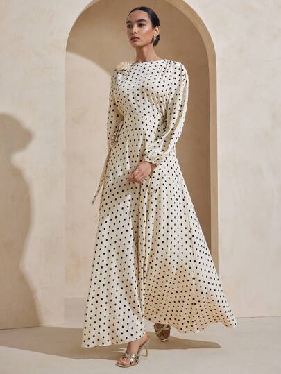 Graceveil Elastic Waist Tie-Up Polka Dot Floral 3D Decor Loose Sleeve Arabic Style Dress Modest Modest Polka Dot Dress