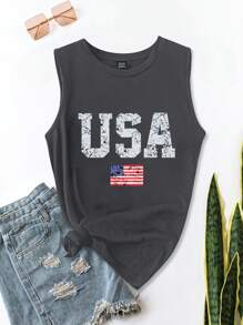 SHEIN LUNE 美国国旗图案基本款女士无袖背心，休闲简约，适合夏季 - 深灰色 - 查看 2