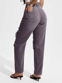 SHEIN EZwear 女式休闲纯色做旧磨边直筒牛仔裤 - 灰色 - 查看 4