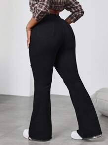 SHEIN CURVE+ Pantalones vaqueros negros de tallas grandes, vaqueros acampanados y rotos, vaqueros de mezclilla cómodos y elásticos con bolsillos, uso casual - Negro - Ver 2
