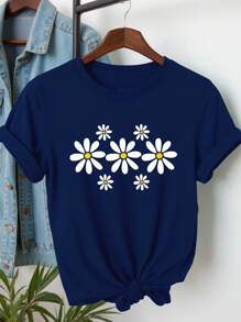 Camiseta de mujer con cuello de tripulación y estampado con diseño de crisantemo - Azul Marino - Ver 1