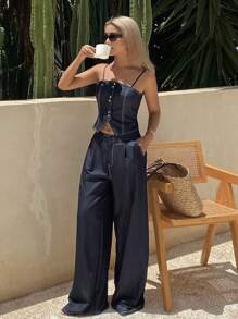 DAZY 2 件女式夏季撞色缝线开襟牛仔吊带背心和宽松休闲裤套装，度假风格轻便休闲牛仔套装