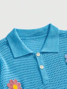 ROMWE MEN Casual 男士刺绣花卉图案宽松落肩镂空针织 Polo 衫，非常适合度假 - 藍色 - 查看 3