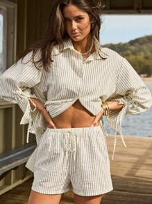 Aralina Women's Autumn/Winter Casual Textured Striped Oversized Button Up Drawstring Long Sleeve Shirt - Apricot - View 10