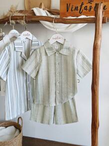 SHEIN Young BoySummer Collared Short Sleeve Fashionable High-End Casual Shirt Paired With Versatile Shorts Set, Suitable For Daily Wear Such As Summer Leisure Time At Home Or Family Gatherings