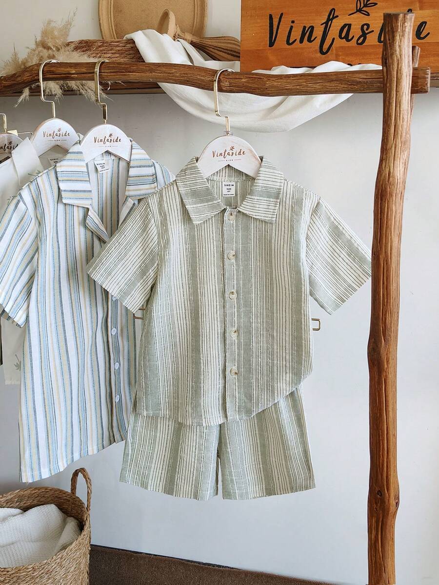 SHEIN Young BoySummer Collared Short Sleeve Fashionable High-End Casual Shirt Paired With Versatile Shorts Set, Suitable For Daily Wear Such As Summer Leisure Time At Home Or Family Gatherings