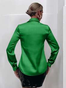 SHEIN Allurite Satin Solid Button Front Shirt,Long Sleeve Tops Fall Cloth For Women - Green - View 2