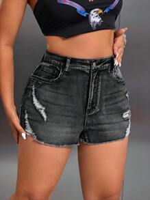 SHEIN ICON Plus Size Distressed Ripped Skinny Denim Shorts - Dark Grey - View 3