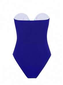 Swim Chiccia Blue Solid Color Strapless Hollow Out Backless Sexy Elegant Casual Vacation Party Holiday One Piece Swimsuit Swimwear Beachwear For Women, Spring/Summer - Multicolor - View 2