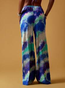 MISSGUIDED Wide Leg Resort Palazzo Pants Watercolor Print Beach Lounge Pants Comfortable Drawstring Lightweight Summer Wear - Blue - View 2