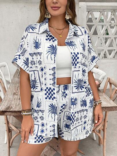 SHEIN VCAY Plus Size Women Casual Palm Tree Print Short Sleeve Shirt And Shorts Set, Vacation Outfit