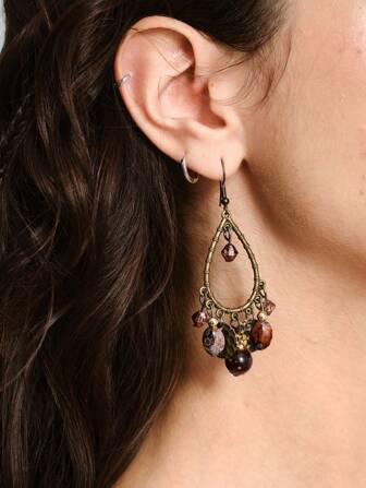Hippie 1 Pair Beaded Tassel Earrings, Vintage Hollow Water Drop Pendant Bohemian Long Earrings For Women