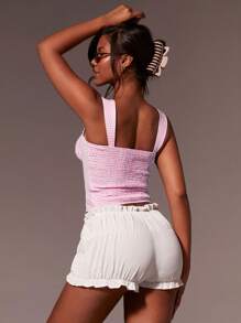 Athîral Women's Summer Plaid Square Neck Ruched Fitted Cami Top,Back To School,Cute Top - Baby Pink - View 3