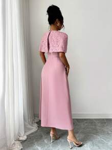 Modelyn Women's Woven Mesh Embroidered Cape Design French Elegant Dress - Pink - View 2