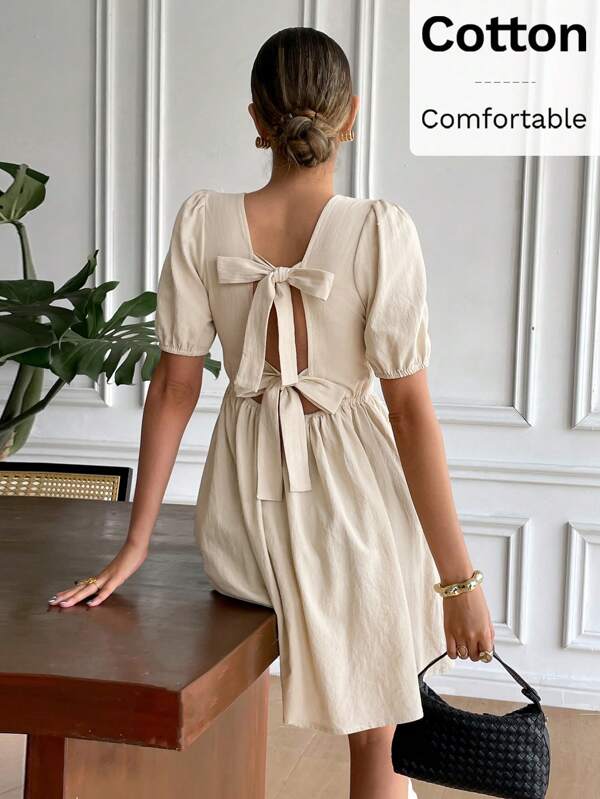 Serisse Vestido mini elegante de mujer con cuello redondo y manga corta con decoración de lazo
