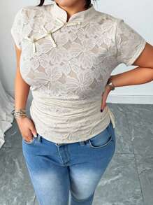 Elenzga New Chinese Style Stand Collar Lace Short Sleeve T-Shirt Women, Cinched Waist Short Retro Button Decor Tops, Summer