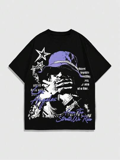 Street Life T-shirt à manches courtes imprimé personnage pour hommes, convient pour le port quotidien au printemps et en été, style années 2000