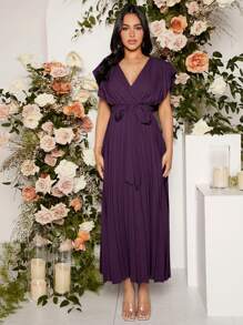 SHEIN Maternity Solid Color Pleated Dress, Elegant For Party - Purple - View 5