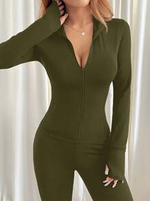 SHEIN EZwear Bộ 2 món/Bộ đồ nữ áo dài tay màu xanh quân đội thường ngày và quần ống loe - xanh quân đội - Xem 6