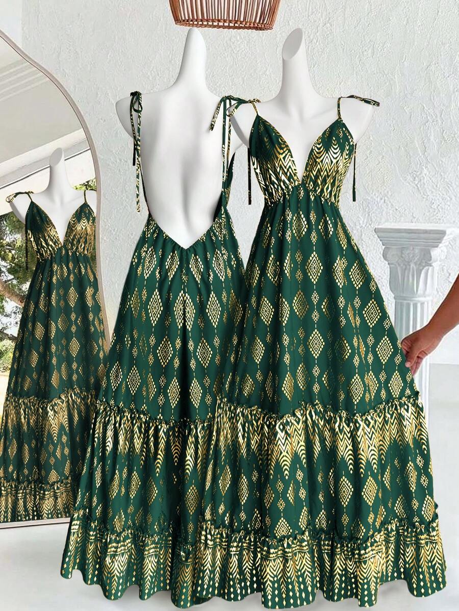 Breezaya Boho 女式 V 领性感优雅露背交叉系蝴蝶结金箔花卉印花波西米亚海滩连衣裙，荷叶边下摆无袖 2025 春夏新款演唱会服装毕业婚礼嘉宾晚礼服生日礼服演唱会服装女式长款连衣裙 - 綠色 - 查看 1