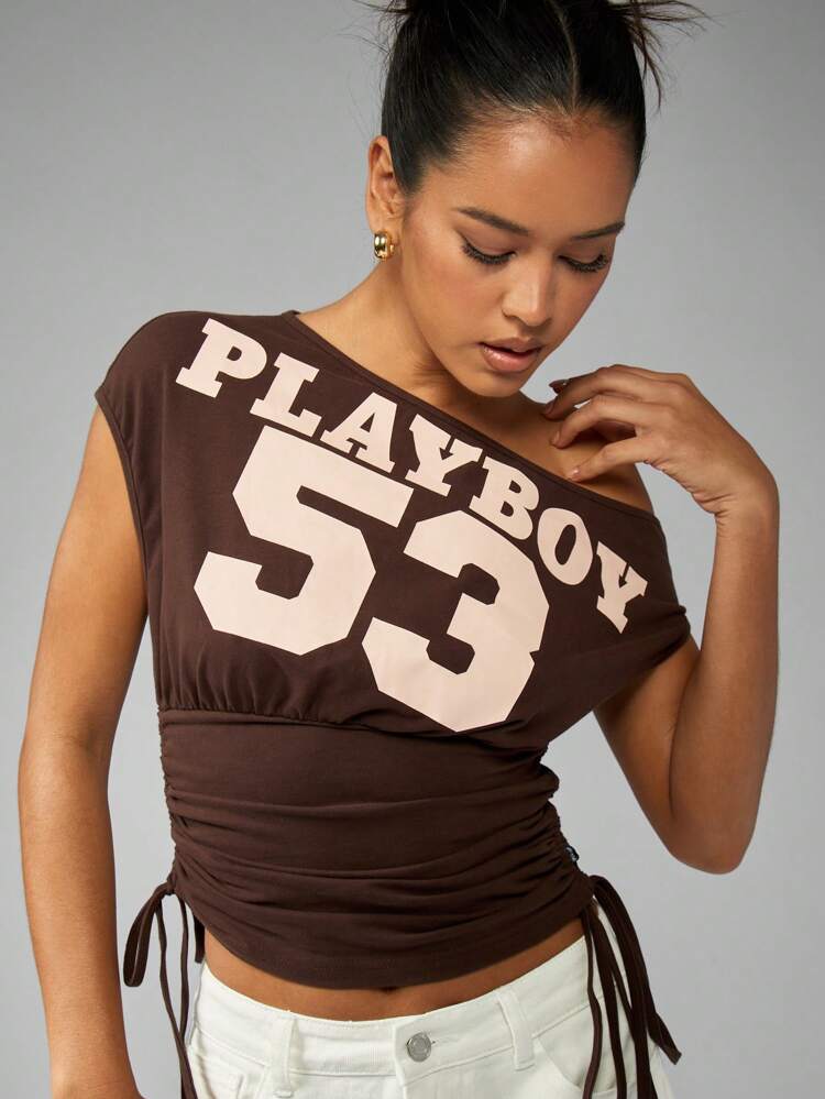 Missguided x Playboy One Shoulder Rouched Side Top Varsity Number Design Fitted Gathered Casual Club Dance Festival Top