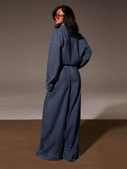 Athîral Denim 女式休闲水洗阔腿牛仔连体裤