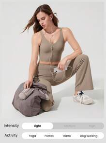 GLOWMODE FeatherFit™ U Back Cropped Active Tank Top Low Impact Yoga Daily Fall Winter - Khaki - View 6