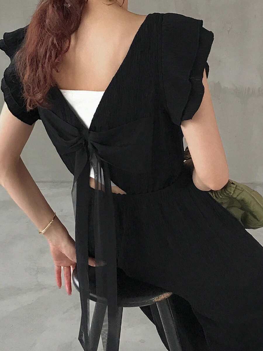 FRIFUL 女士纯色荷叶边短袖宽松阔腿连体裤，休闲短袖夏季露背连体裤，黑色连体裤，黑色透视上衣系带露背连体裤，黑色露背上衣 - 黑色 - 查看 1