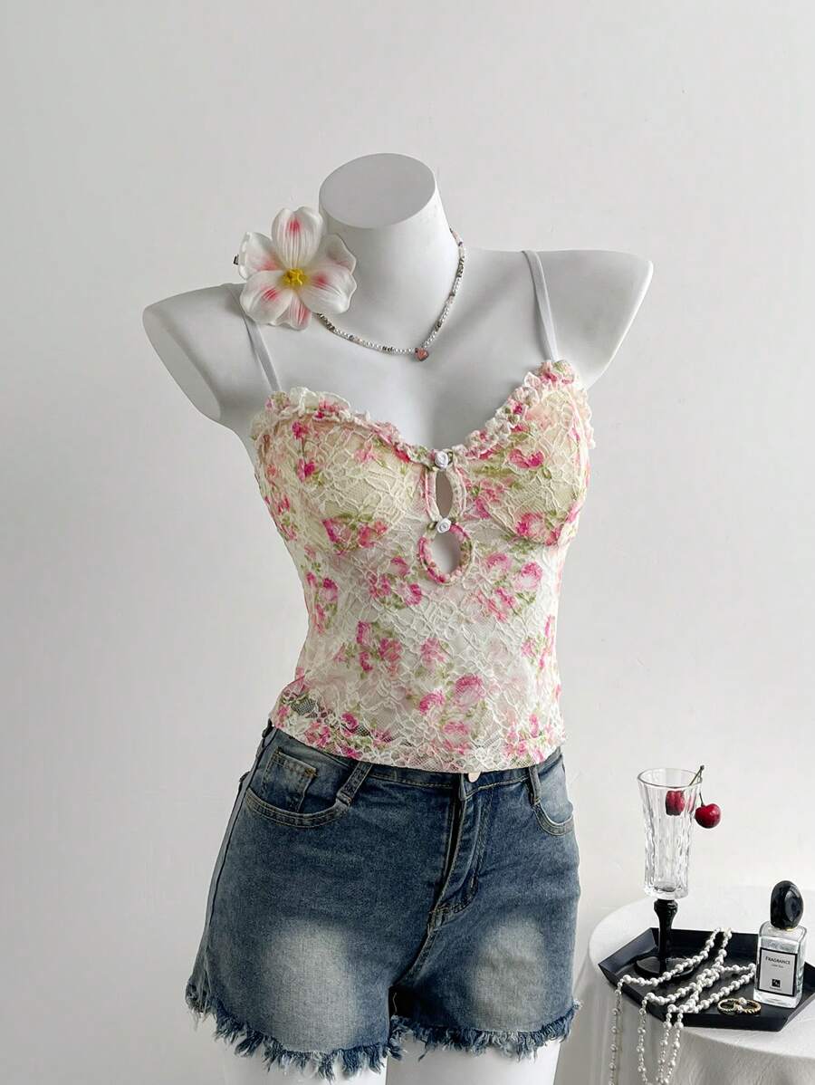 Nevyona 女士时尚性感蕾丝刺绣玫瑰装饰吊带背心 - 彩色 - 查看 1