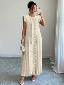 Selianne Váy midi cổ tròn xếp ly giản dị dành cho nữ - Màu be - Xem 1