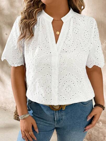 Momelise Blouse à manches courtes brodée et ajourée pour grande taille, décontractée et tendance pour un port quotidien