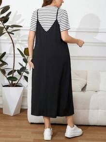 SHEIN LUNE Plus Size Women's Striped Round Neck Short Sleeve T-Shirt And Spaghetti Strap Dress 2 Piece Set, Summer Long Black Casual Dress Black Sundress Women Casual Sundress Fall Women Clothes School Clothes Stockholm Style Country Outfits Women Vintage Clothes Women Teacher Outfits For Women - Black and White - View 2