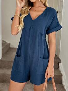 Easowa Solid Batwing Sleeve Pocket Patched Romper - Blue - View 6