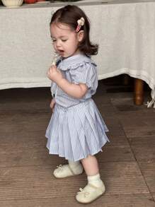 Hapijoa 2pcs/Set Baju Bayi Perempuan Polo Kerah Garis-garis dengan Pita dan Rok Lipit, Pakaian Balita Perempuan - Biru - View 7