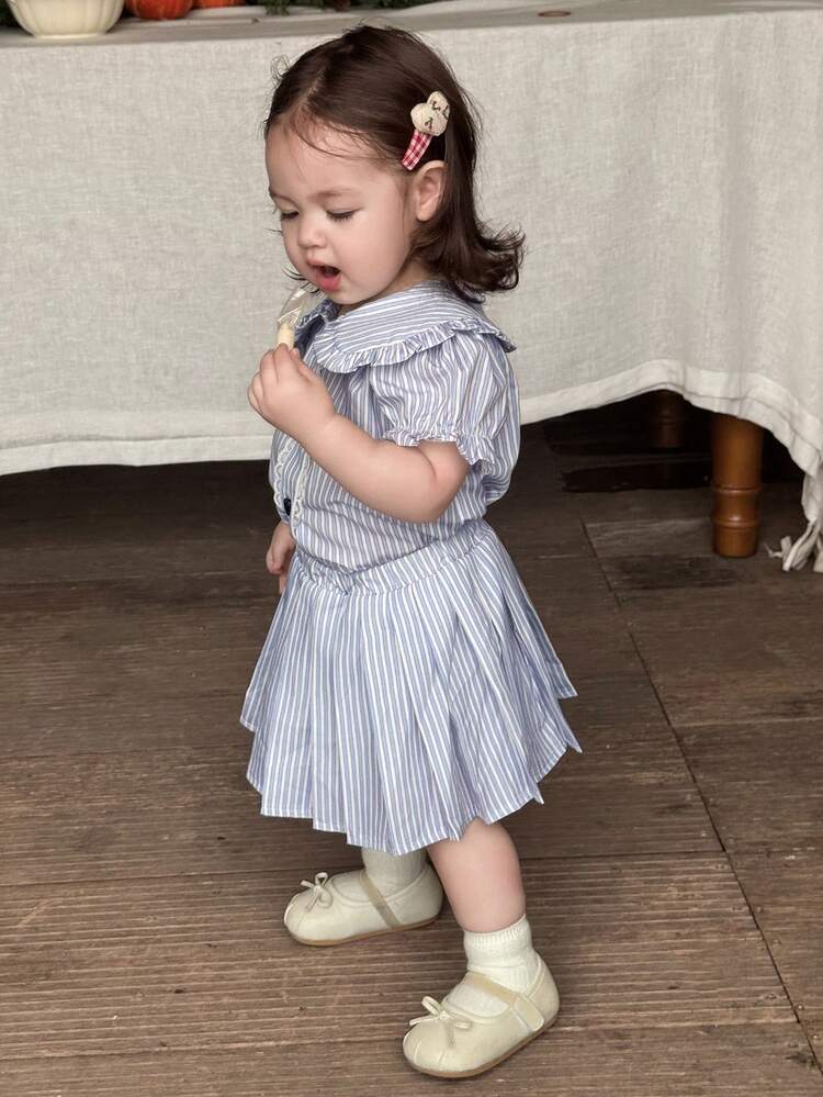 2pcs/Set Baby Girls POLO Collar Striped Bow Shirt And Pleated Skirt Set Toddler Girls Clothes