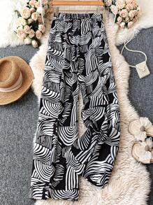 SHEIN LUNE 女士花卉印花宽松蝴蝶结腰优雅度假休闲裤 - 黑與白 - 查看 2