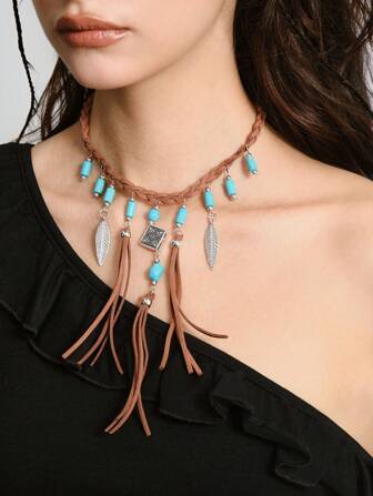 Hippie 1pc Bohemian Style Handmade Woven Tassel & Turquoise Pendant Necklace For Women