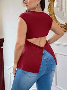 SHEIN Privé 1pc Plus Size Women Hollow Out Back Simple T-Shirt, Casual Holiday Wear Burgundy Top Wine Red Top Maroon Top Open Back Tops Twisted Back Top,Going Out Tops - Red - View 1