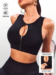 Easithlete Áo ngực thể thao dây kéo hàng ngày màu trơn dành cho nữ - màu đen - Xem 1