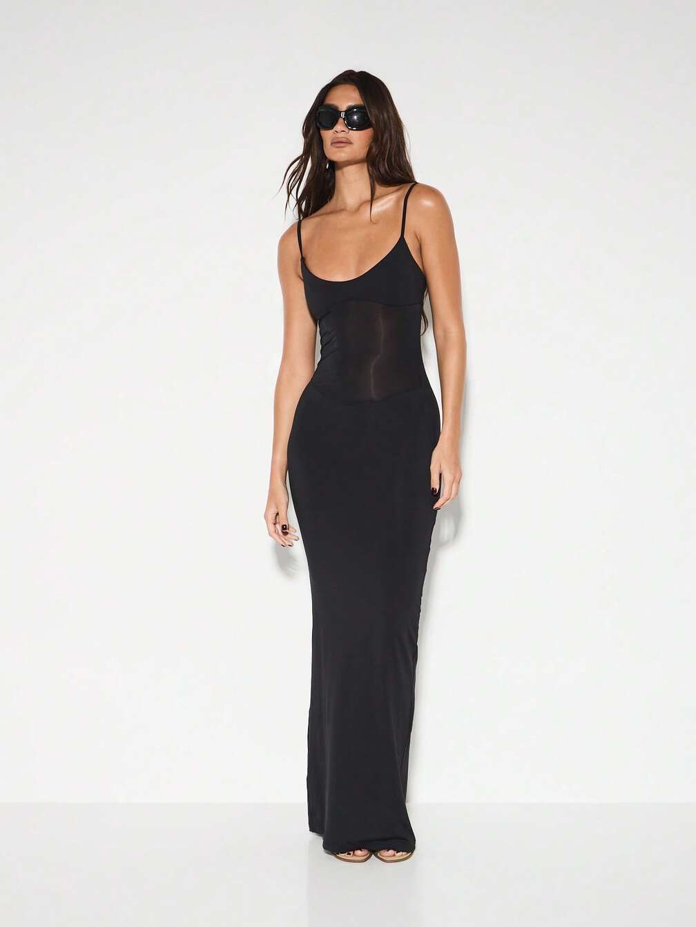 mesh panel bodycon dress Women's Taupe Double Layer Slinky Mesh Panel Bodycon Dress