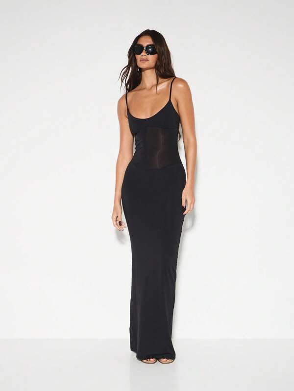 KIZN Mesh Panel Bodycon Maxi Dress Long Formal Evening Gown Floor Length Special Occasion Spaghetti Strap Form Fitting Party Dress