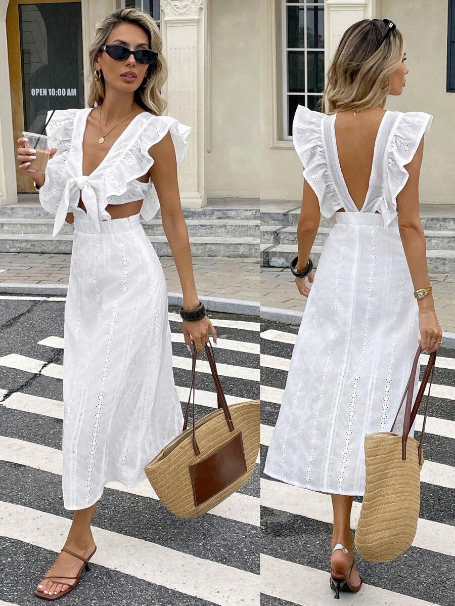 Serisse 女士纯色镂空刺绣系带荷叶边下摆休闲中长连衣裙 - 白色 - 查看 1