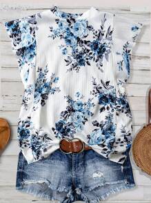 Linhara Plus Size Women Casual Vacation Floral Ruffle Trim Shirt - Multicolor - View 2